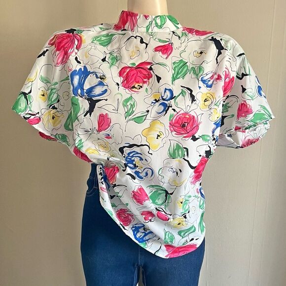 Vintage Tops - Vintage 80’s Orare floral mock neck poly lightweight blouse retro colorful